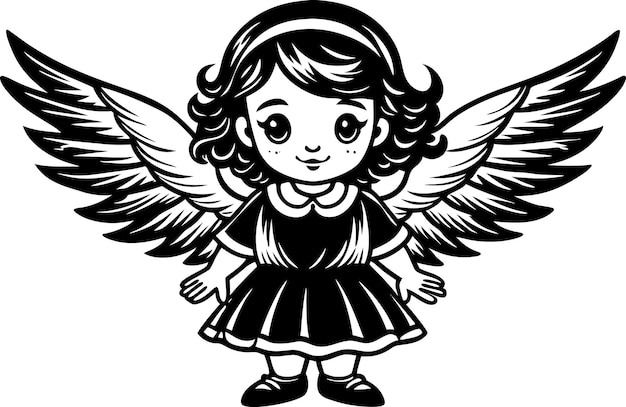 cute and charming little angel in cute drawing style black and white silhouette