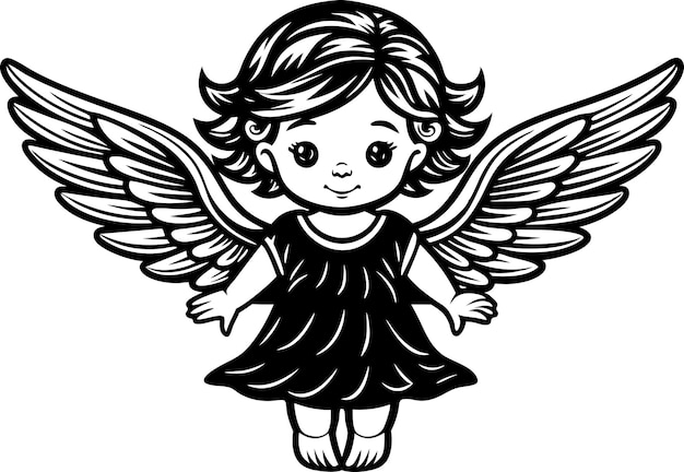 cute and charming little angel in cute drawing style black and white silhouette