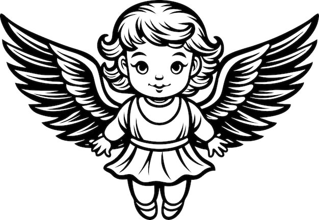 cute and charming little angel in cute drawing style black and white silhouette