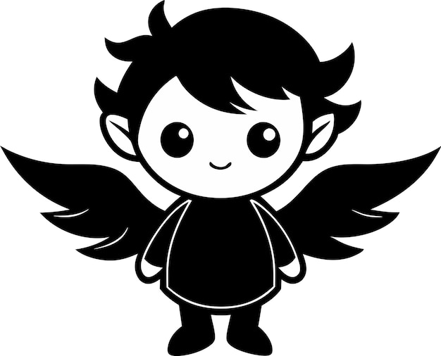 cute and charming little angel in cute drawing style black and white silhouette