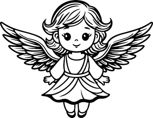 cute and charming little angel in cute drawing style black and white silhouette