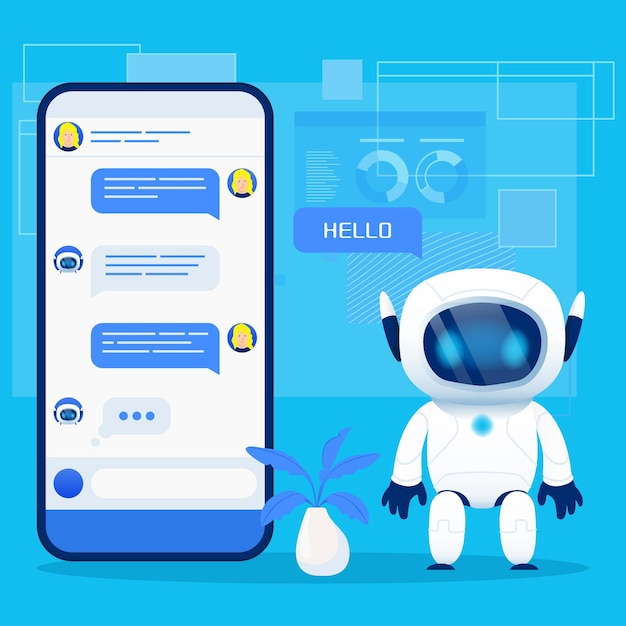 cute chat robot, chatbot, character mascot with smartphone in blue background