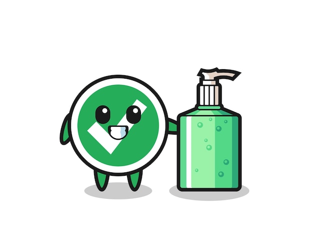 Cute check mark cartoon with hand sanitizer