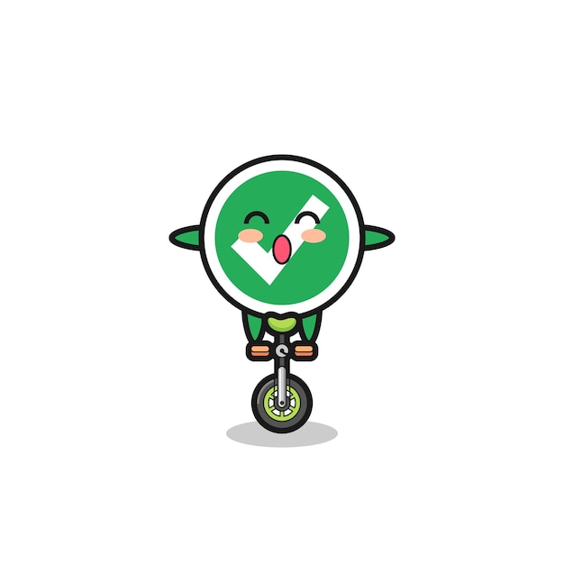 The cute check mark character is riding a circus bike