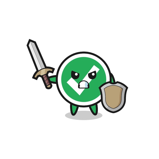 Cute check mark soldier fighting with sword and shield