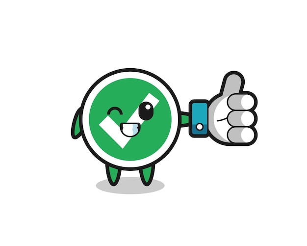 Cute check mark with social media thumbs up symbol