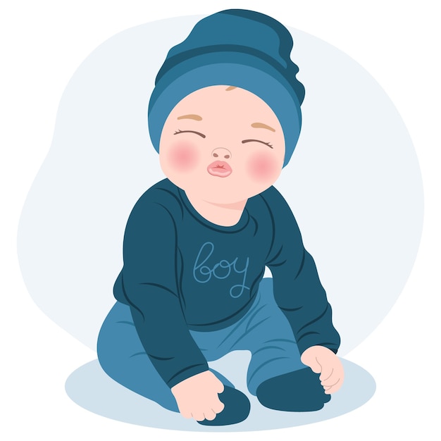 Cute cheerful baby boy in blue clothes, newborn baby boy. Children's card, print, illustration