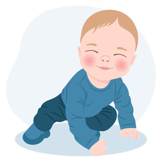 Cute cheerful baby boy in blue clothes, newborn baby boy. Children's card, print, illustration