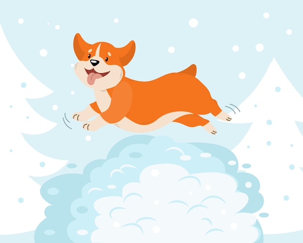 Cute cheerful dog Corgi jumps in the snow. Winter illustration, kids print, vector