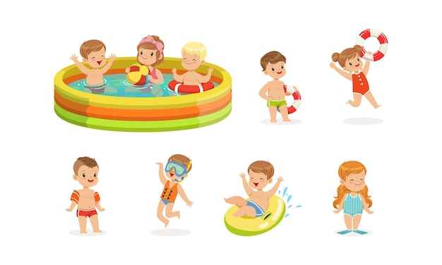 Vector cute cheerful kids having fun in inflatable swimming pool set summer outdoor activity concept cartoon vector illustration