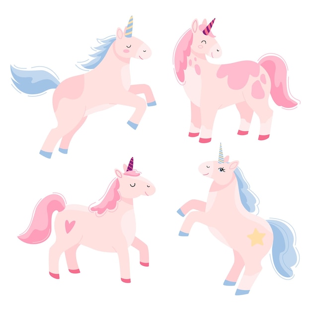 Cute cheerful pink and blue unicorn character Baby vector illustration in cartoon style