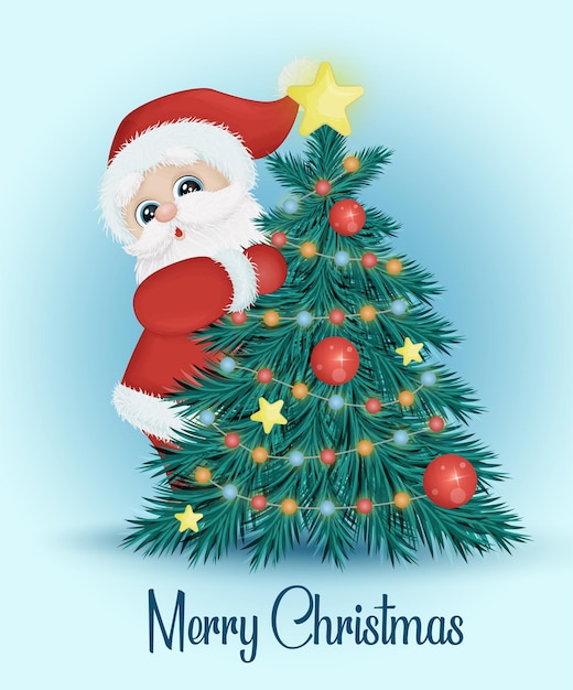 Cute cheerful Santa Claus, looking out from behind a Christmas tree decorated with a garland, stars and balls. Christmas card, print. Vector illustration in Eps10 watercolor style.