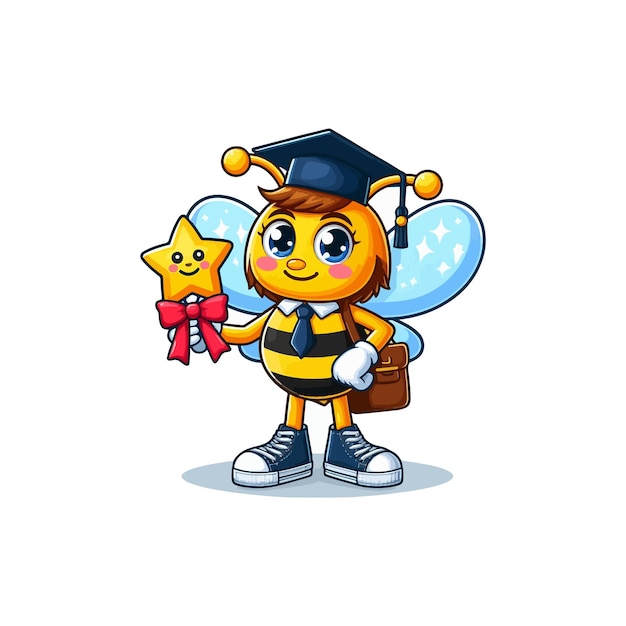 Cute cheerful student bee animal character school education cartoon illustration