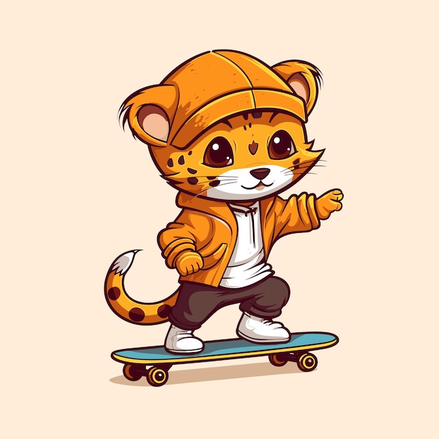 cute cheetah riding skateboard summer sport vector illustration