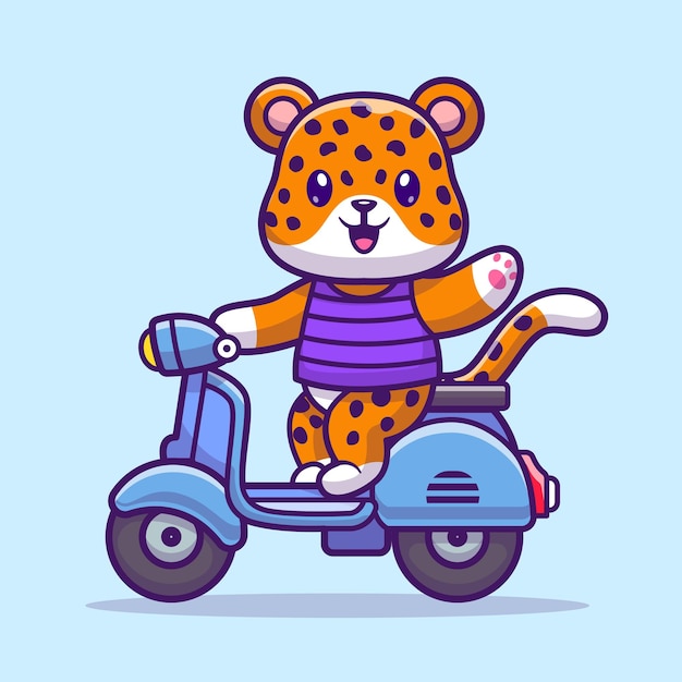 Cute Cheetah Tiger Riding Scooter And Waving Hand Cartoon Vector Icon Illustration Animal Transport