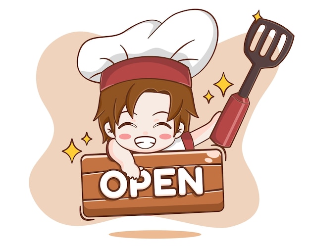 Cute chef boy with an open sign board cartoon illustration