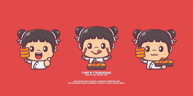 cute chef cartoon with tteokbokki korean food vector illustration