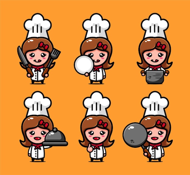 Cute chef character design set with cooking equipment