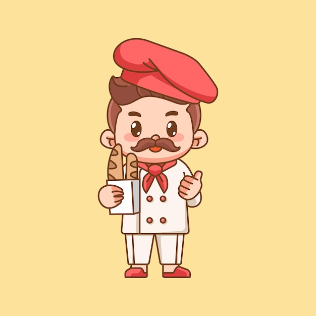 Cute chef cook bread shopping kawaii chibi character mascot illustration outline style design