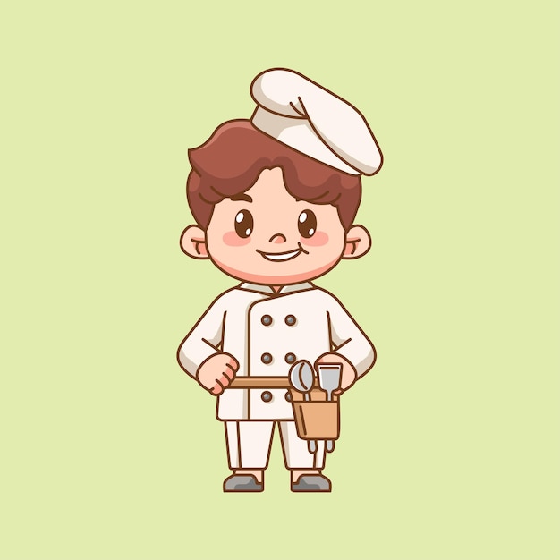 Cute chef cook hips kawaii chibi character mascot illustration outline style design