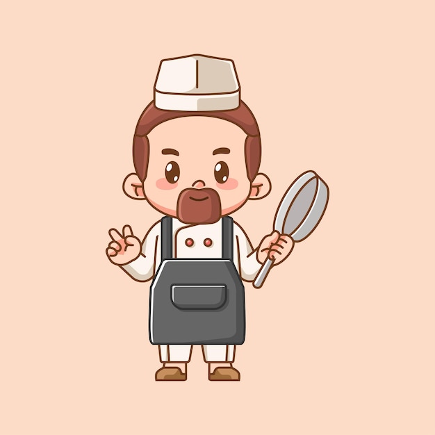 Cute chef cook hold pan food kawaii chibi character mascot illustration outline style design