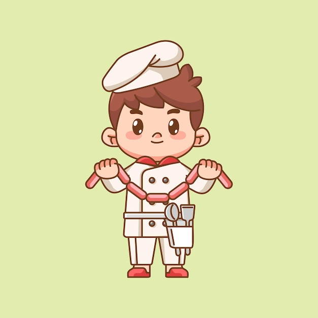 Cute chef cook hold sausage food kawaii chibi character mascot illustration outline style design