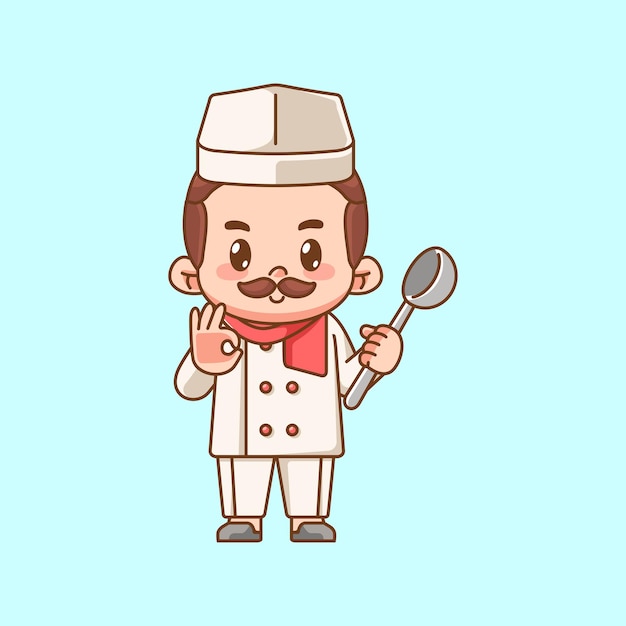 Cute chef cook hold soup spoon food kawaii chibi character mascot illustration outline style design