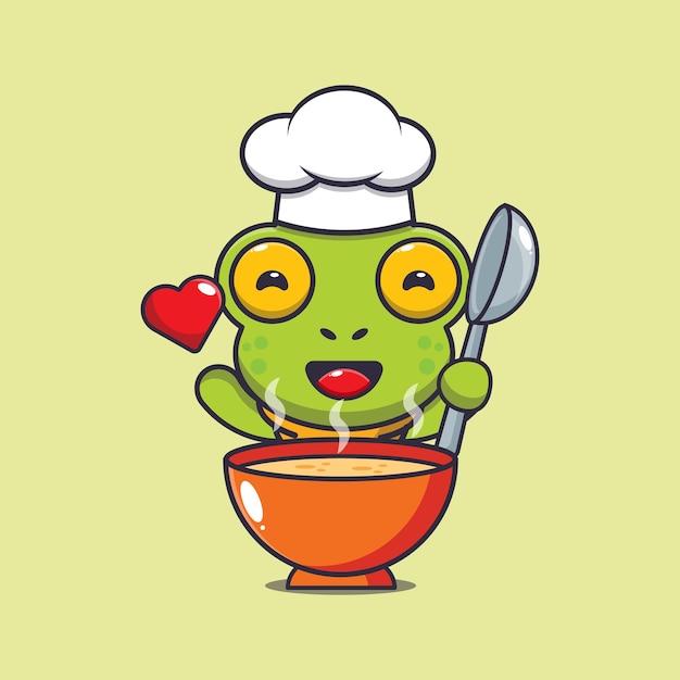 cute chef frog mascot cartoon character with soup.