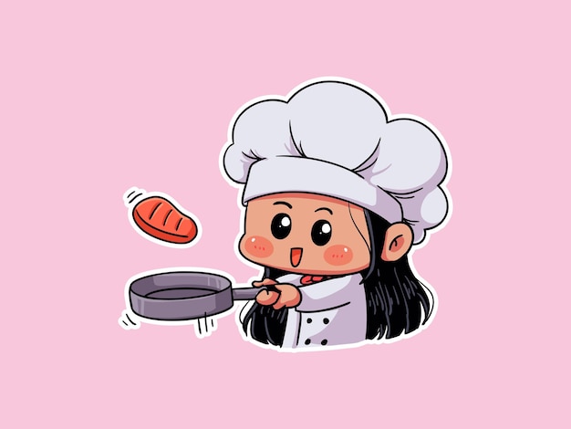 Cute chef Girl Relax Eat Cookie and Read Book manga Illustration