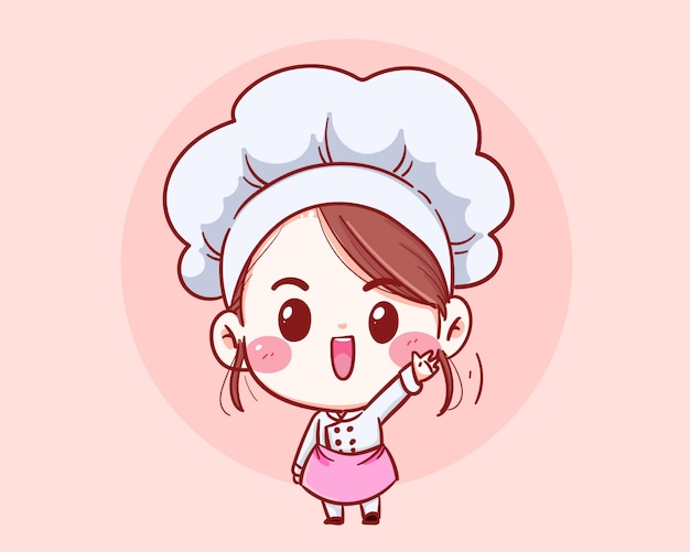 Cute chef girl Smiling cartoon art illustration.