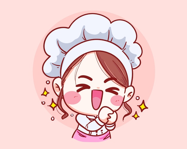 Cute chef girl Smiling fun thank you cartoon art illustration