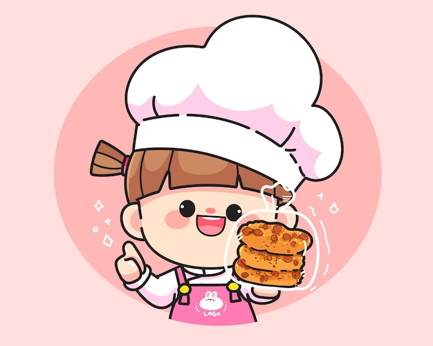 Cute Chef girl smiling holding cookies logo hand drawn cartoon art illustration