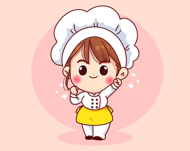 Cute chef girl smiling in uniform mascots cartoon art illustration 