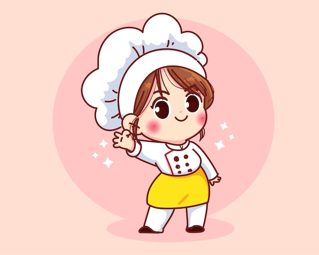 Cute chef girl smiling in uniform mascots gesturing ok sign cartoon art illustration 