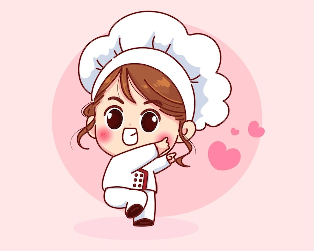 Cute chef girl smiling in uniform welcoming cartoon art illustration 