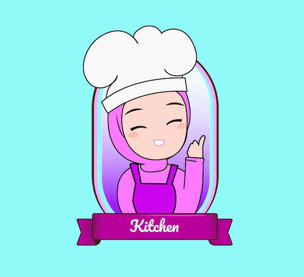 Cute chef girl in uniform character holding a turner food restaurant logo cartoon art illustration