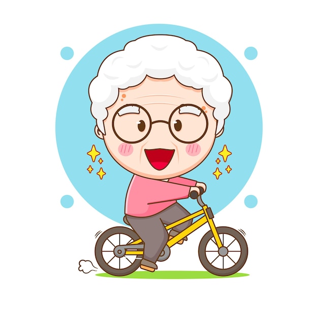 Cute chef grandma on bicycle chibi character illustration