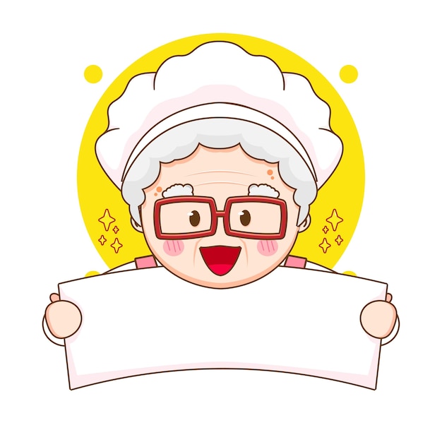 Cute chef grandma with hat holding empty paper