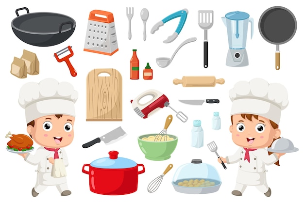 Cute chef kids with equipment elements