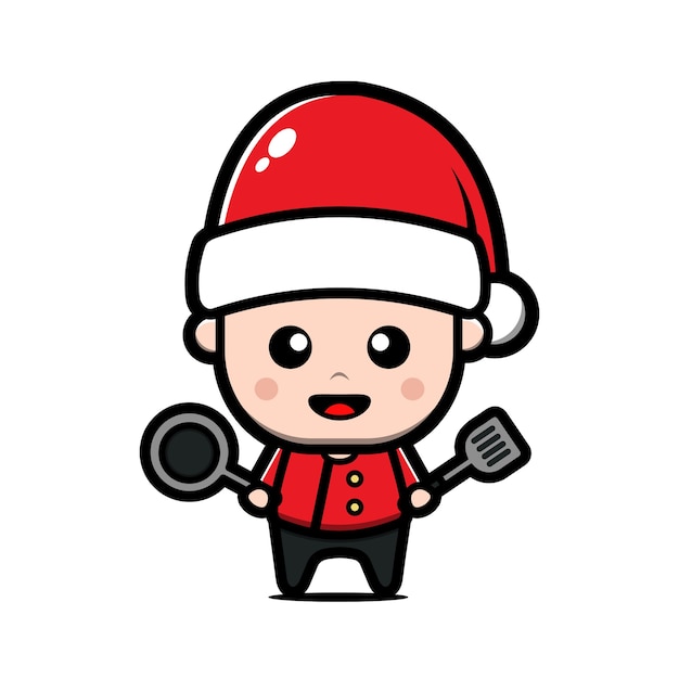 Cute chef wearing santa hat cartoon illustration. christmas concept