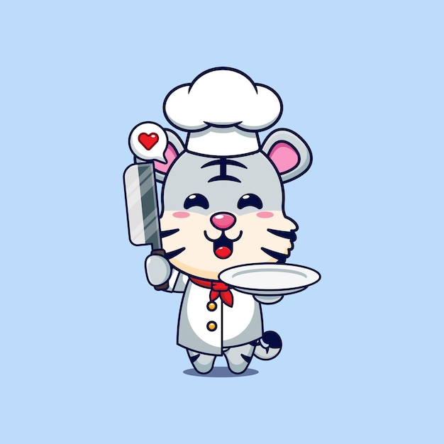 Vector cute chef white tiger with knife and plate cartoon vector illustration