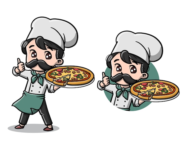 Cute Chef with His Pizza Cartoon