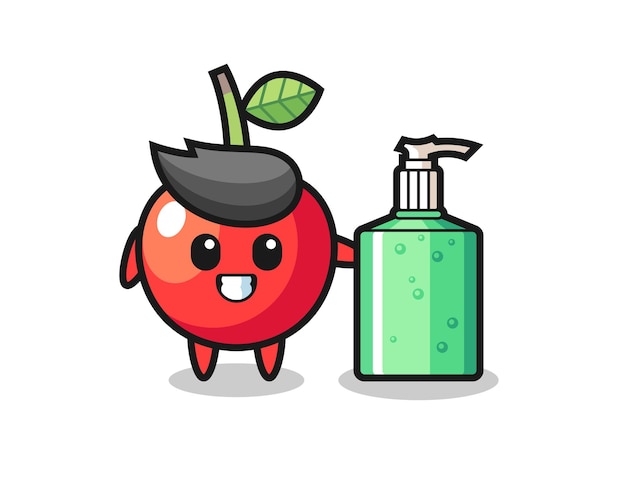 Cute cherry cartoon with hand sanitizer  