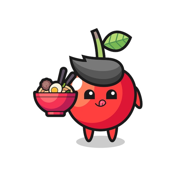 Cute cherry character eating noodles