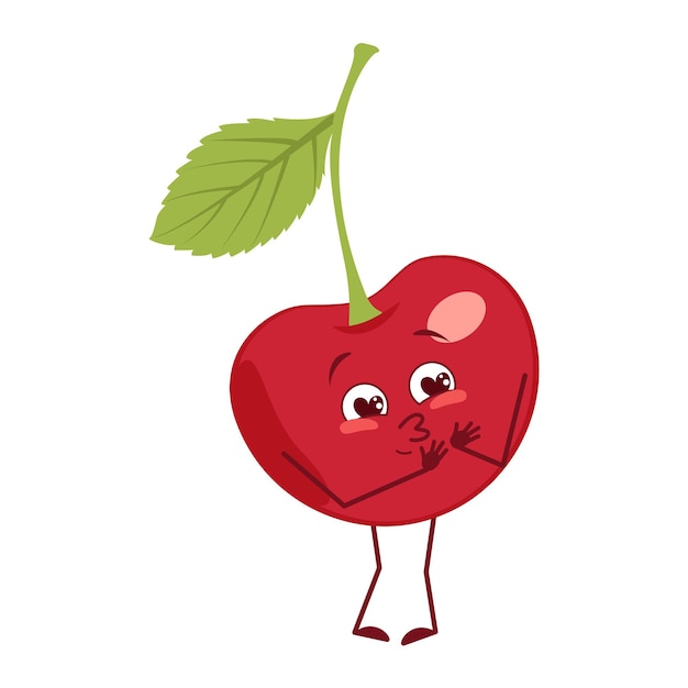 Cute cherry character falls in love with eyes hearts, face, arms and legs