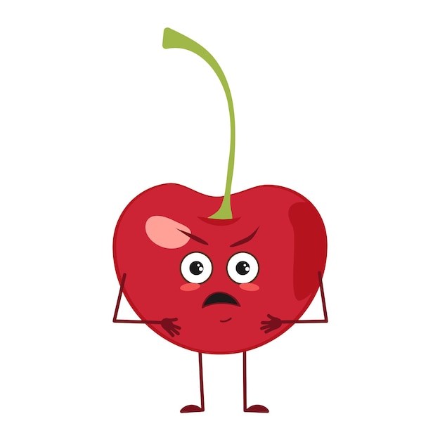 Cute cherry character with angry emotions face arms and legs