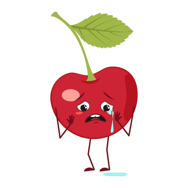 Cute cherry character with crying and tears emotions, face, arms and legs. The funny or sad hero, berry. Vector flat illustration