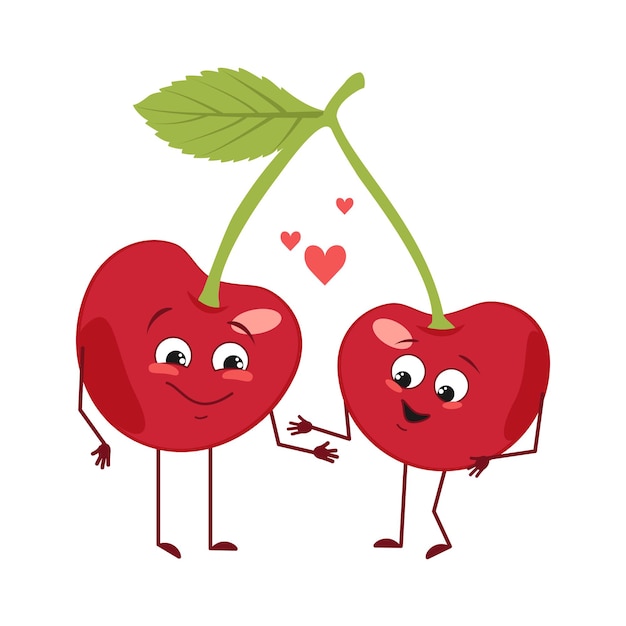 Cute cherry characters with love emotions, face, arms and legs. The funny or happy food heroes, berry fall in love. Vector flat illustration