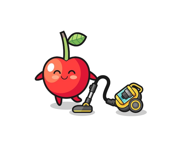 Cute cherry holding vacuum cleaner illustration , cute design