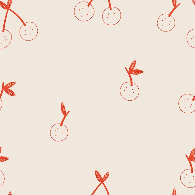 Vector cute cherry pattern with smiling faces on beige background